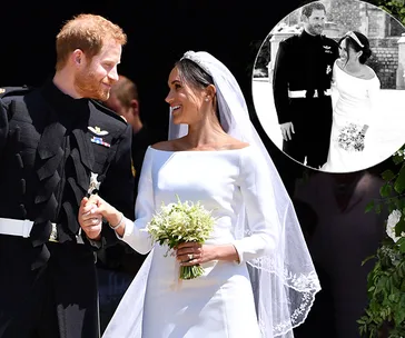 Wedding couple smiling at each other, bride in white gown, groom in formal attire, inset of their black-and-white photo.
