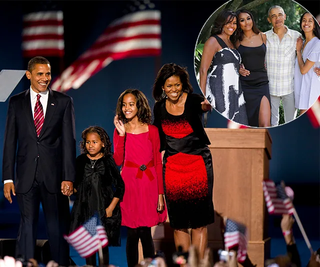 A family onstage with American flags, accompanied by a smaller recent photo showing family members together.