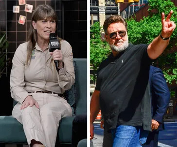 Alt text: "Two people, one speaking on stage and one waving outdoors, separated by a vertical line."