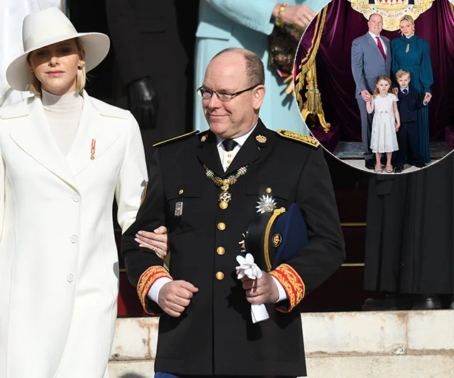 Royals in formal attire at an outdoor event, inset shows family portrait inside with two children.
