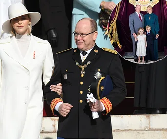 Royals in formal attire at an outdoor event, inset shows family portrait inside with two children.