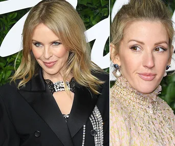 Two women on the red carpet at the Fashion Awards 2019, wearing elegant outfits with intricate detailing.