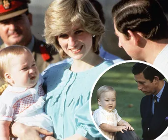 Diana holds baby William; Charles looks on. Inset: Charles with baby William on grass.