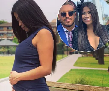 Pregnant woman in blue dress holds belly in park, with circular inset of smiling couple in formal attire.
