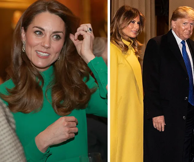 Kate Middleton in green, smiling; Melania Trump in yellow, standing beside Donald Trump in coat.