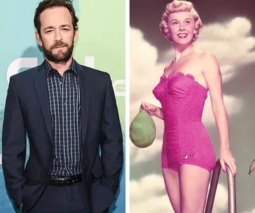 "Two individuals: one in a suit on the left, another in a vintage swimsuit on the right, posing against different backdrops."