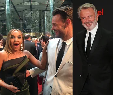 Three people at the AACTA Awards 2019: two in conversation, another smiling in a formal suit on the red carpet.