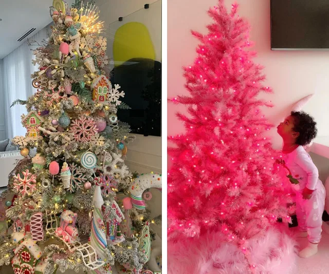 Luxurious Christmas tree decorated with candy ornaments; a child admires a glowing pink tree in a cozy room.