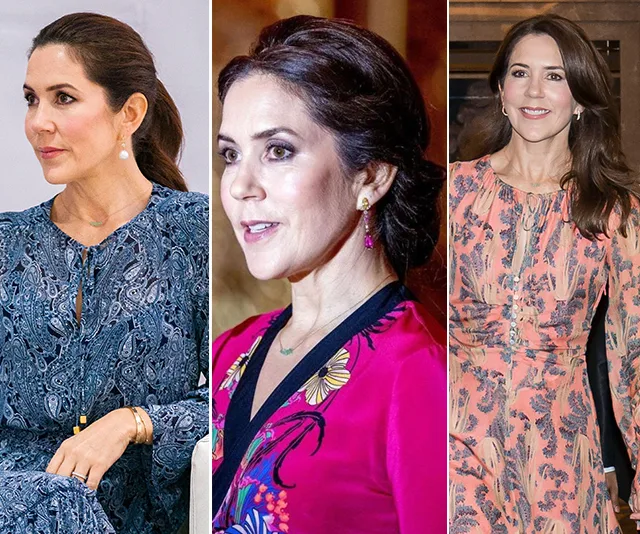 Three photos of a woman in different elegant dresses: blue paisley, embroidered pink, and peach floral.