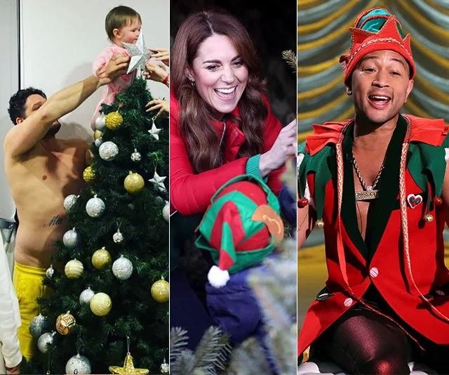 "Three scenes: man decorates Christmas tree with child, woman enjoys holiday event, singer performs in festive elf costume."
