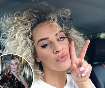 Curly-haired woman making peace sign selfie in car; inset of another woman in evening dress at event.