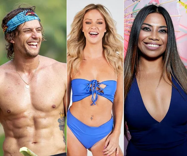 Reality TV stars in blue-themed outfits, smiling at the camera in a collage format.