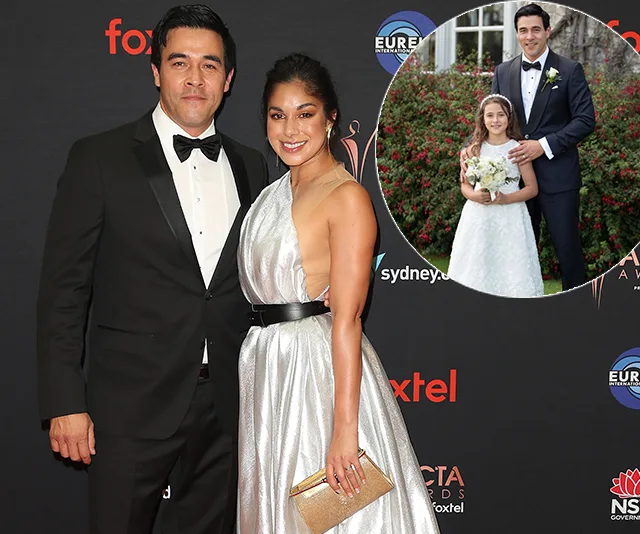 Couple in formal attire on red carpet; inset shows man with a child in wedding outfits against a lush background.