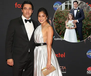 Couple in formal attire on red carpet; inset shows man with a child in wedding outfits against a lush background.