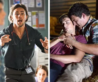 Two intense scenes from "Home and Away," showing a concerned doctor and a dramatic outdoor rescue.