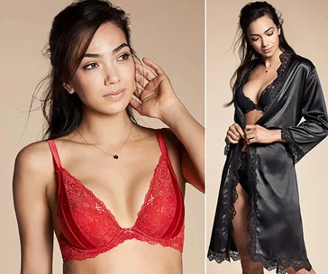 Model wearing red lace bra in left image; black lace bra and robe in right image.