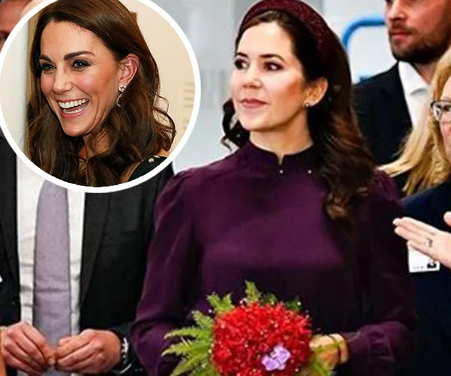A woman in a purple outfit with a headband holds flowers; inset shows another woman smiling.