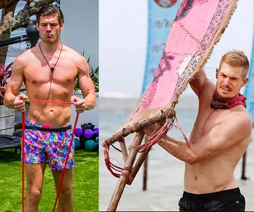 Shirtless man exercising with resistance band and another in a challenge holding a paddle on a beach.