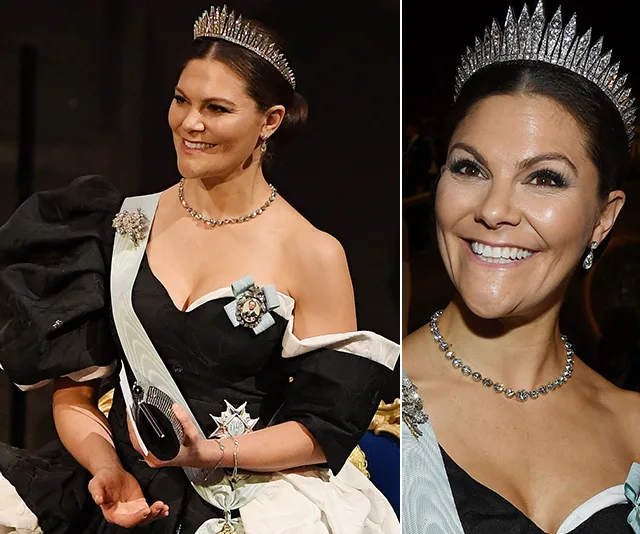Princess Victoria wearing a black and white gown with diamond tiara at a formal event, smiling warmly.