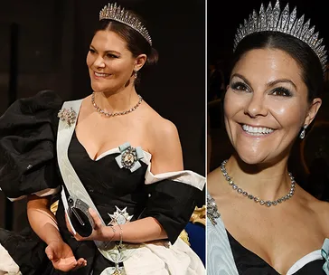 Princess Victoria wearing a black and white gown with diamond tiara at a formal event, smiling warmly.