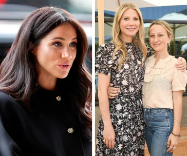 Meghan Markle in black outfit; two women embracing, one in a floral dress and the other in jeans and a blouse.