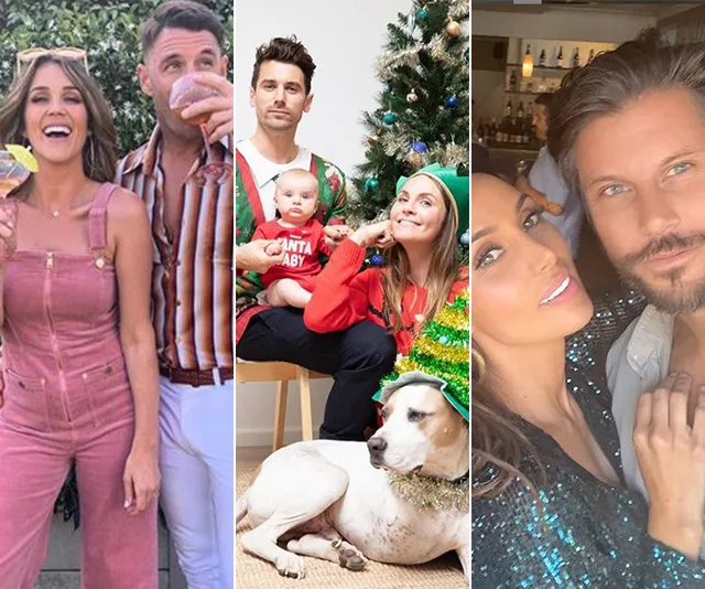 Group photo with people celebrating and posing festively, featuring a baby and a dog in Christmas attire.