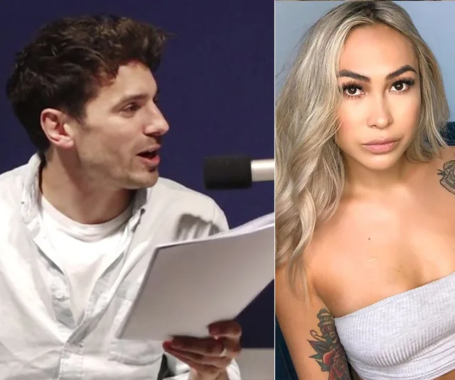 Two side-by-side images: a man with a script by a microphone, and a woman with tattoos wearing a strapless top.