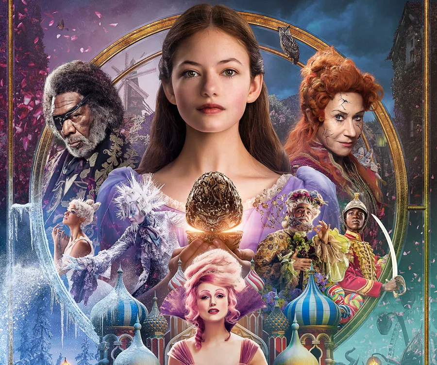 Characters from "The Nutcracker and the Four Realms" in a magical, colorful collage.