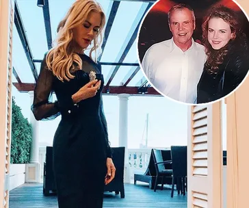 Woman in black dress stands on a patio; inset shows her with a man in a white shirt, both smiling at a social event.