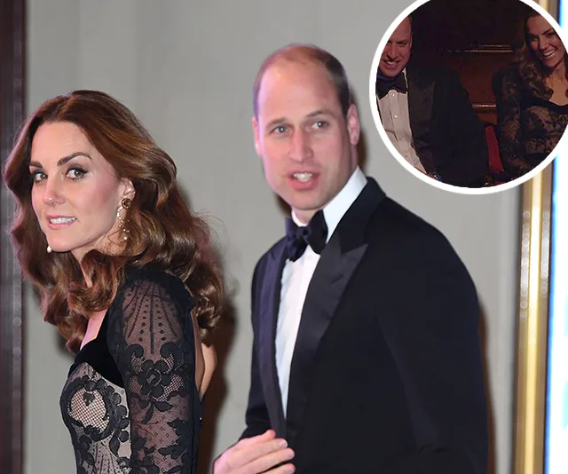 Prince William and Kate in formal attire at the Royal Variety Performance, with a small inset of them laughing together.
