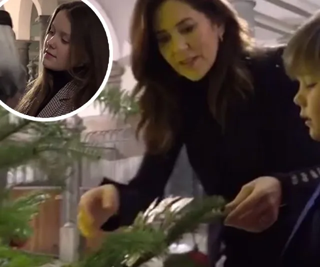 Woman and child decorating a Christmas tree indoors, with a close-up of a girl in the top-left inset.