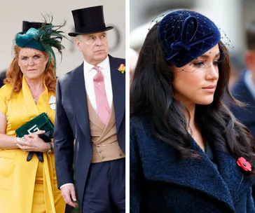 Two women in formal hats; one in yellow with a man in a top hat, the other in navy with a netting veil.