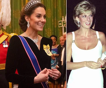 Kate Middleton wears a velvet dress and tiara at a formal event; Lady in white dress next to her.