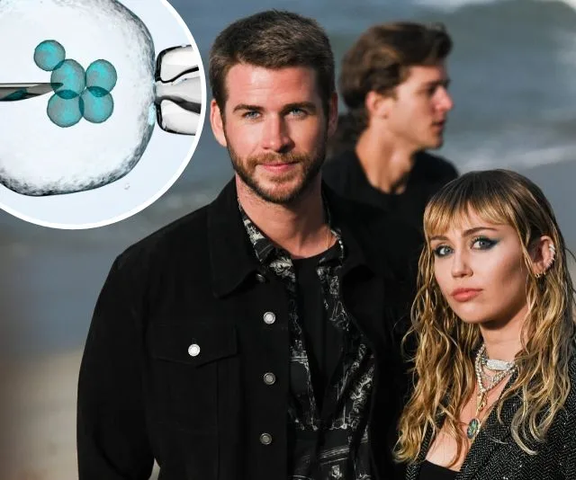 Couple standing on a beach with an inset image of embryos being handled in a lab setting.