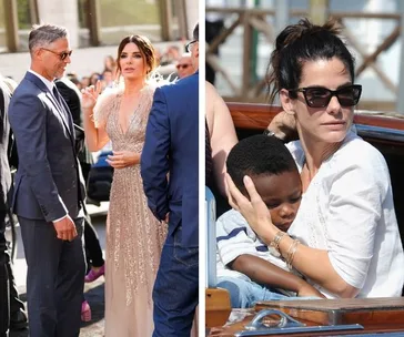 Two images: Left shows a woman in an elegant dress at an event, right shows the same woman holding a child on a boat.