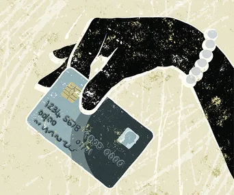 Illustration of a hand with a bracelet holding a credit card on a textured background.