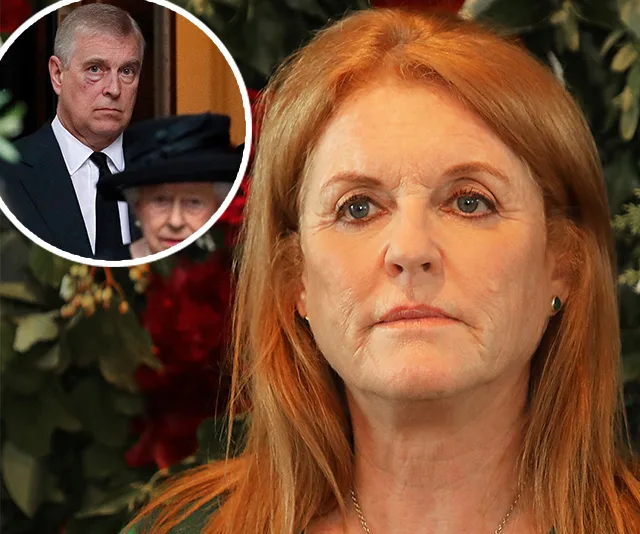 Sarah Ferguson in foreground with a photo inset of Prince Andrew in formal attire.