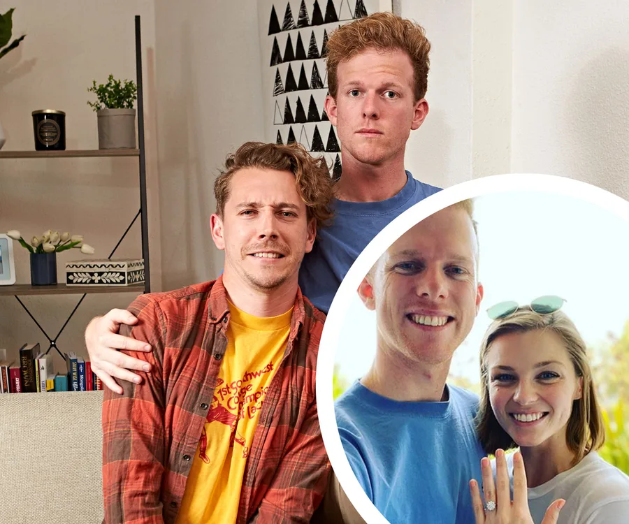 Two men seated together in a cozy room; inset shows a couple celebrating engagement with a ring.