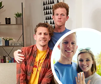 Two men seated together in a cozy room; inset shows a couple celebrating engagement with a ring.