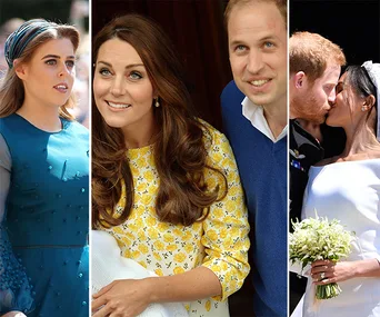 Three-panel image: woman in blue, couple with baby, bride and groom kissing.