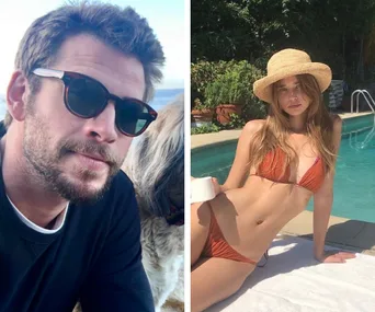 Two side-by-side photos: left, a man in sunglasses outdoors; right, a woman in a bikini and hat by a pool.