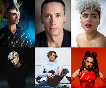 Celebrities from Eurovision Australia Decides 2020: Six diverse contestant portraits featuring unique styles and expressions.