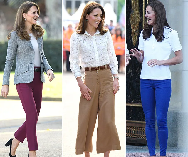 Fashionable woman wearing different pants: maroon with blazer, tan culottes with blouse, and blue jeans with a polo shirt.