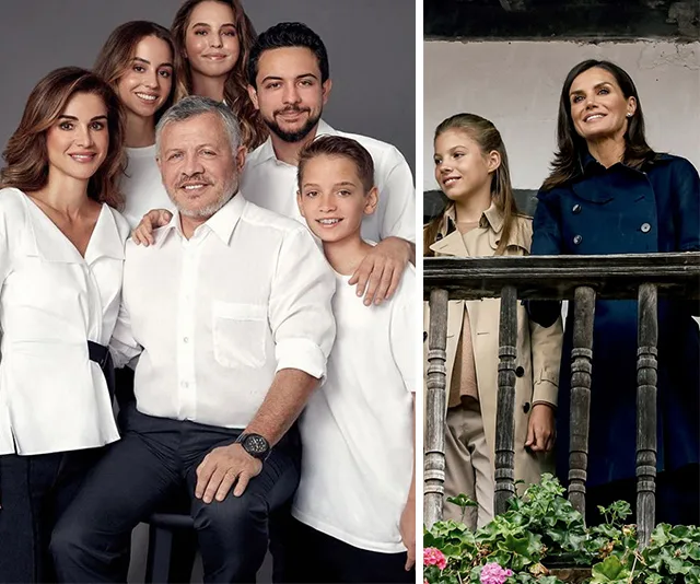"Royal family posing; group on left in white outfits, two people on right on balcony with dark coat and beige jacket."