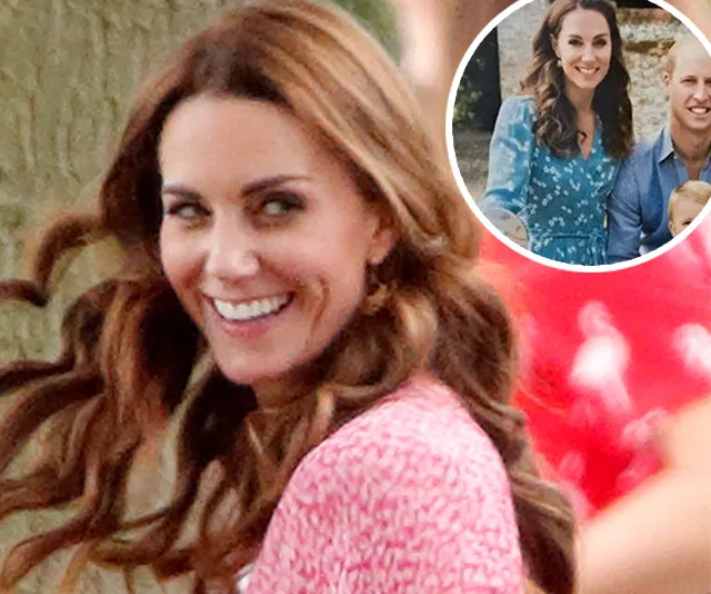 A woman in a pink dress smiles outdoors, inset shows her in a blue dress with family for a Christmas card.