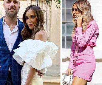 Woman in off-shoulder white dress with a man, next to a woman in a pink button-up mini dress holding a phone.
