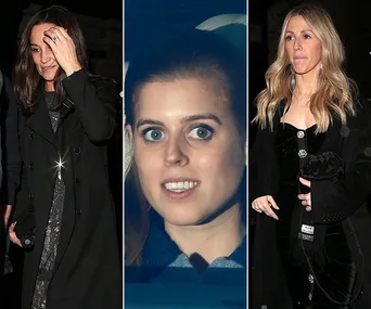 Three women at an evening event, each dressed in stylish dark attire.