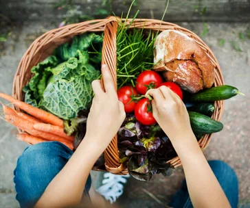 Basket of fresh vegetables with carrots, lettuce, cucumbers, tomatoes, and bread held by a person in jeans and sneakers.