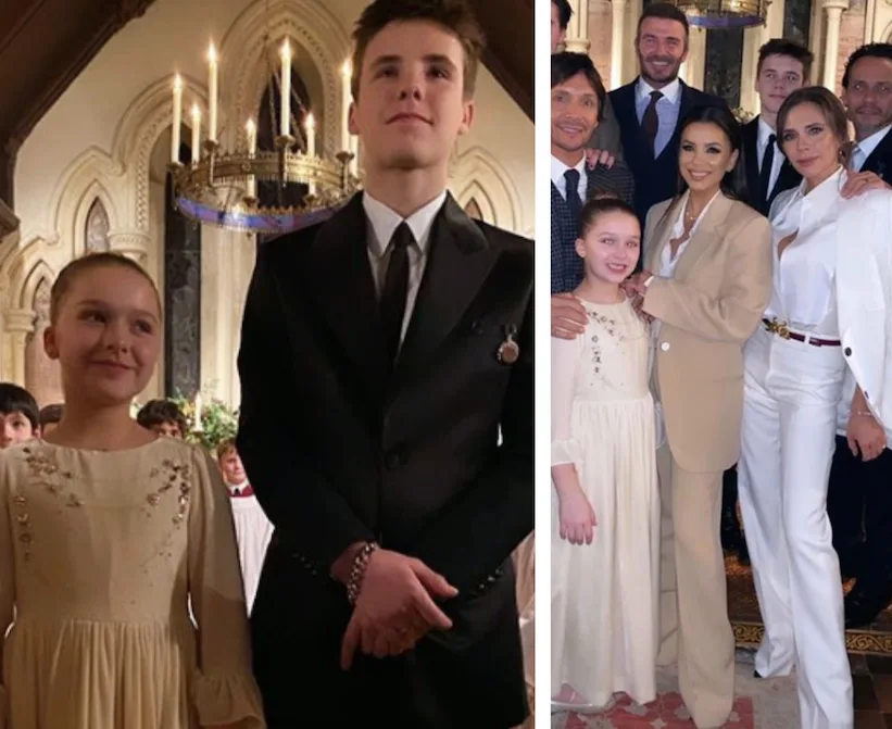 A young girl and a boy in formal attire during a baptism ceremony, with family and friends posing in elegant outfits.