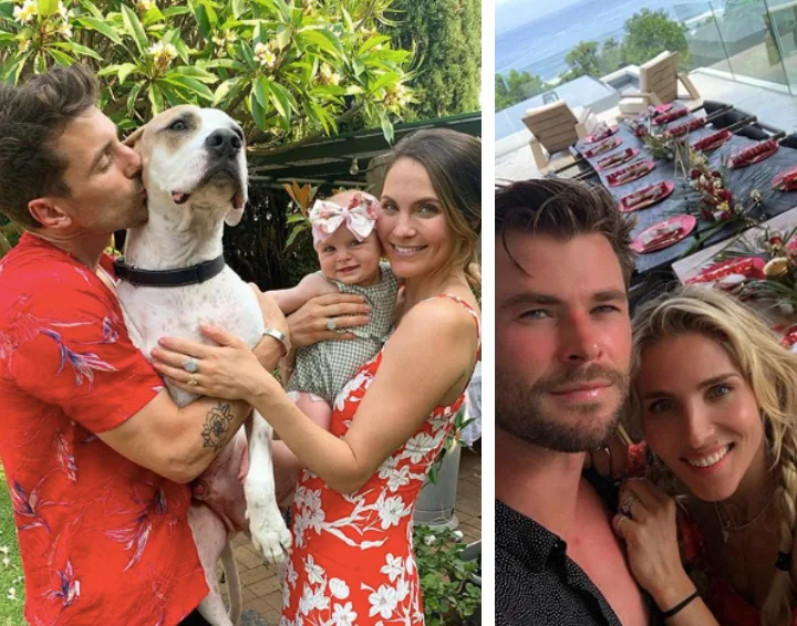 Two families celebrating Christmas; left with a couple, baby, and dog, right with a couple by a decorated table.